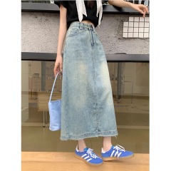 High waist slit denim skirt for women 2025 summer thin retro mid-length A-line hip skirt KX