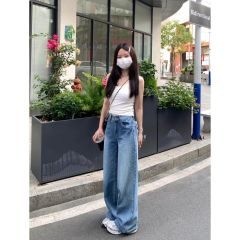 American retro low waist jeans for women in spring and summer 2025 new retro wash blue loose slimming wide-leg pants