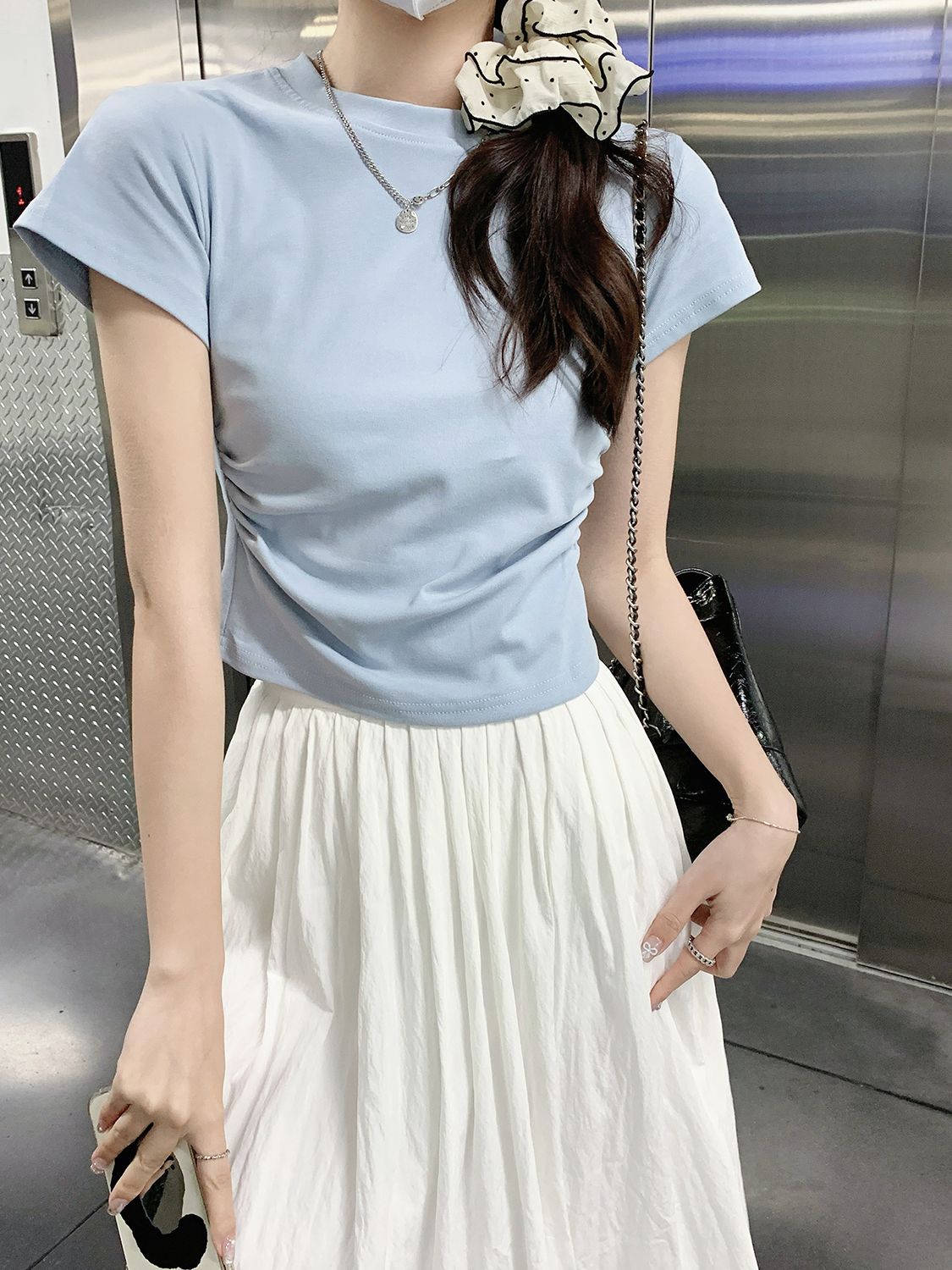 Real shot 40 210g fine cotton 1×1 slim waist-hugging sexy short-sleeved T-shirt women's pure short waist top