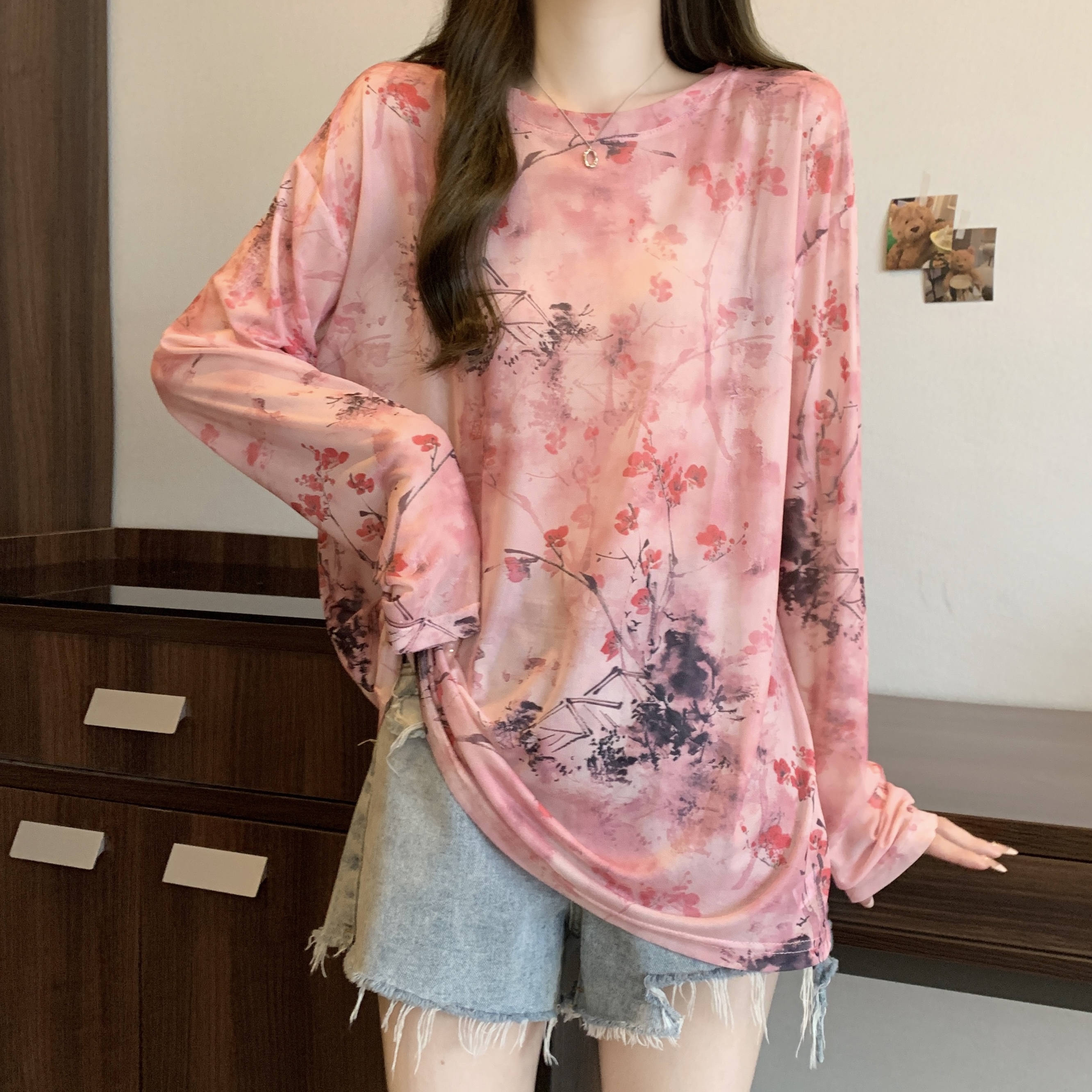 Real shot~ Large size women's loose tie-dye micro-transparent mesh long-sleeved T-shirt fashionable sunscreen shirt thin top for women