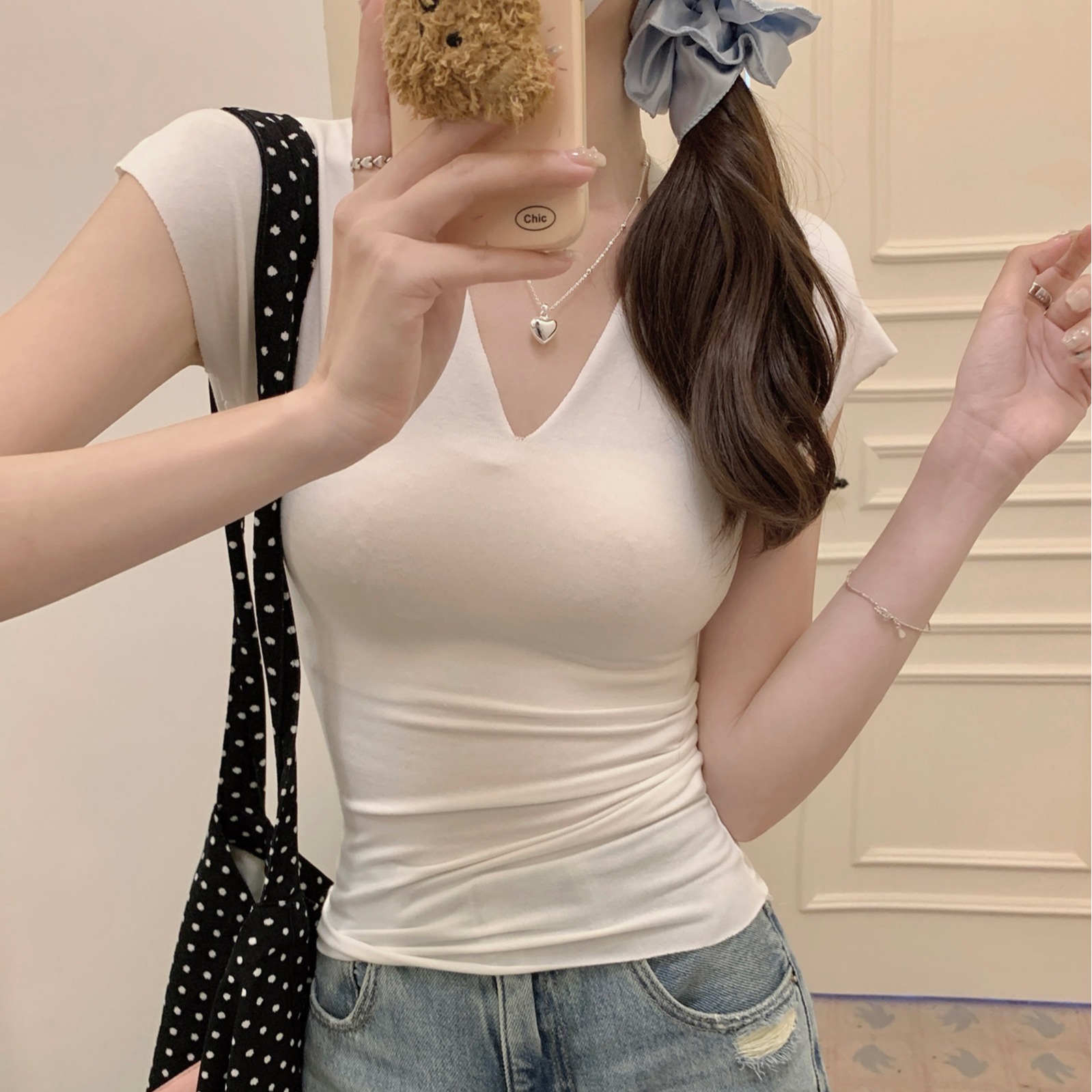 Real shot 1*1 thread 210g short-sleeved T-shirt 2025 women's summer Korean style slim short solid color front shoulder V-neck top
