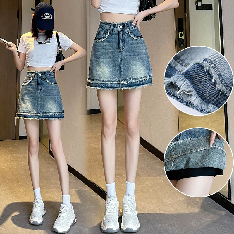 Frozen denim skirt skirt for women summer clothing 2025 new high-waisted hip versatile hot girl tassel a-line skirt