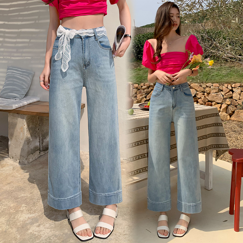 Small retro light color jeans for women in summer new high-waist loose straight wide-leg pants cropped trousers