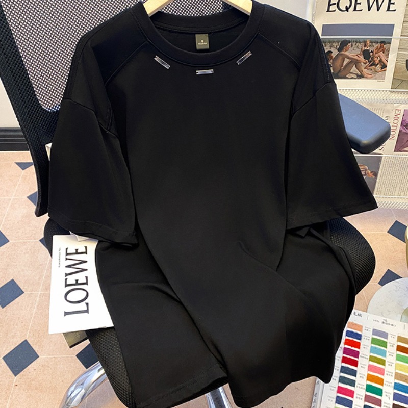 Real shot 220g pure cotton short-sleeved T-shirt for summer men and women 2025 design feel loose medium long round neck top Korean women's clothing