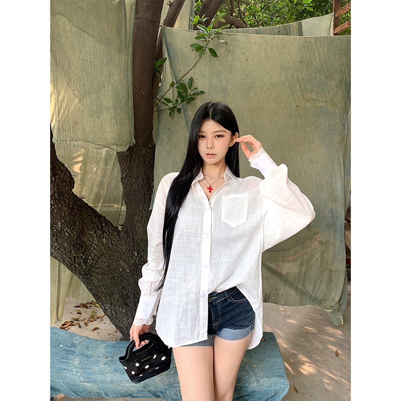 Real photo-Lanid style white thin long-sleeved sunscreen shirt for women in spring, micro-transparent cardigan shirt top