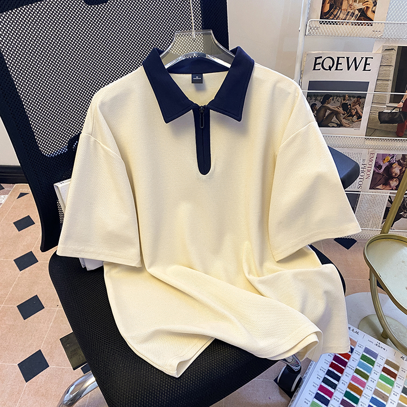 Real-life bead floor cotton 210g short-sleeved T-shirt summer 2025 new zipper contrasting color front shoulder slim lapel top for women