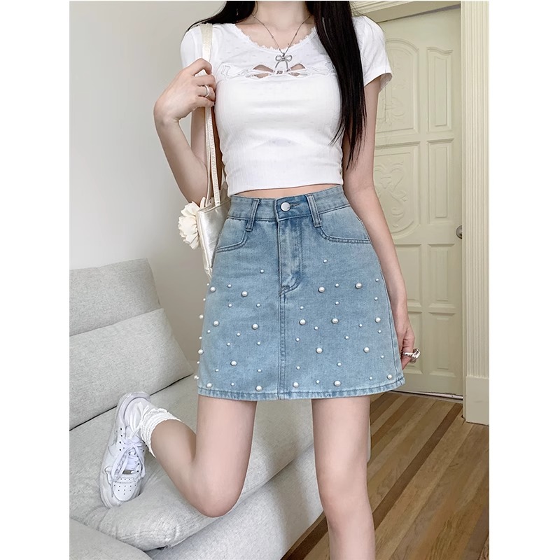 Beaded denim skirt for women 2025 summer new fat girl mm pear-shaped body covering belly and slimming a line skirt