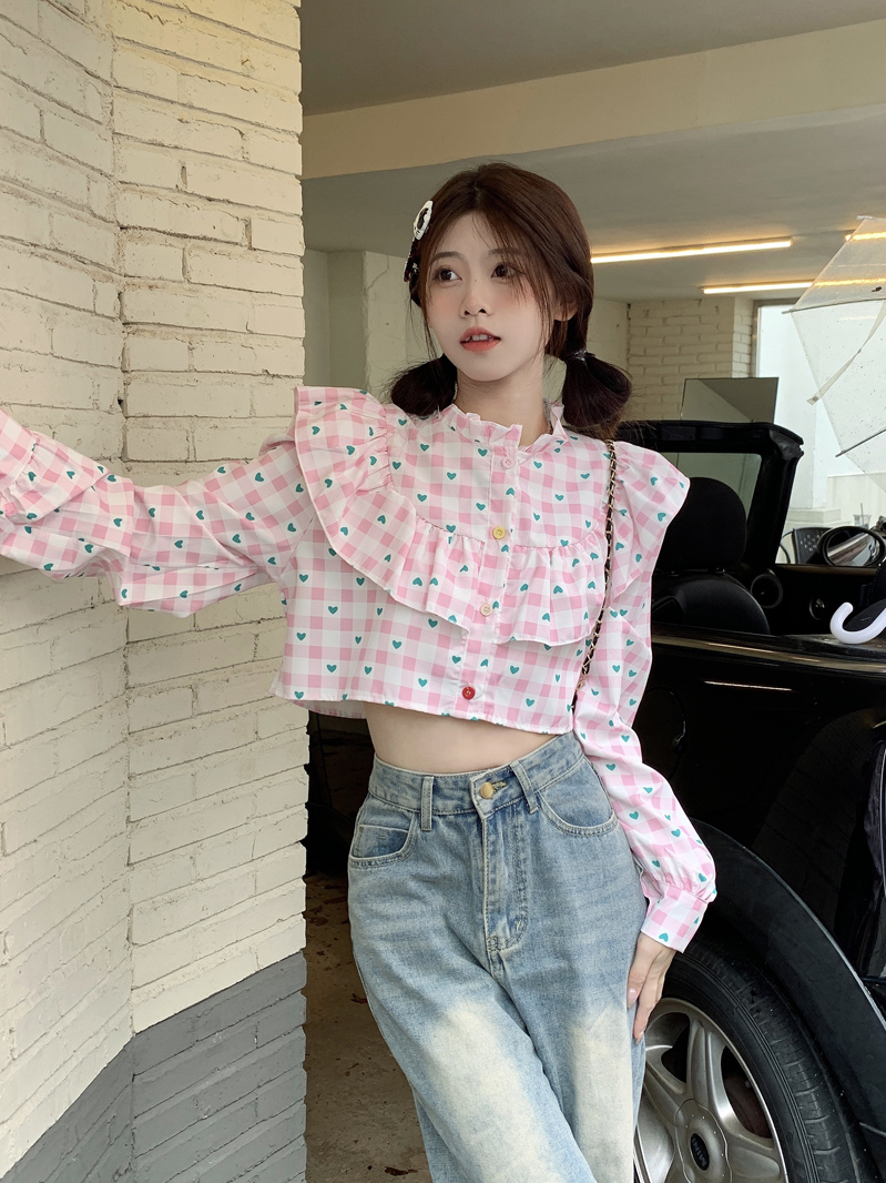 Early autumn sweet love printed short long-sleeved shirt for women 2025 new niche unique personality short top ins