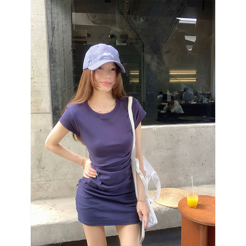 Real shot-Little Flying Sleeve Wrinkled Hip Skirt Dress Women's Summer Solid Color Slim Short Skirt