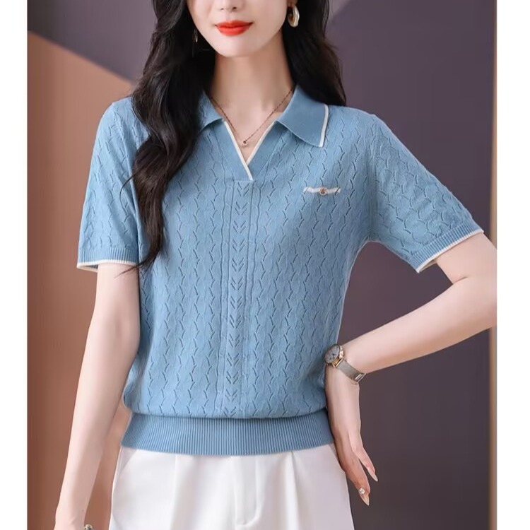 2025 new T-shirt for women's hollow thin summer fashionable mother knitted shirt loose short-sleeved top