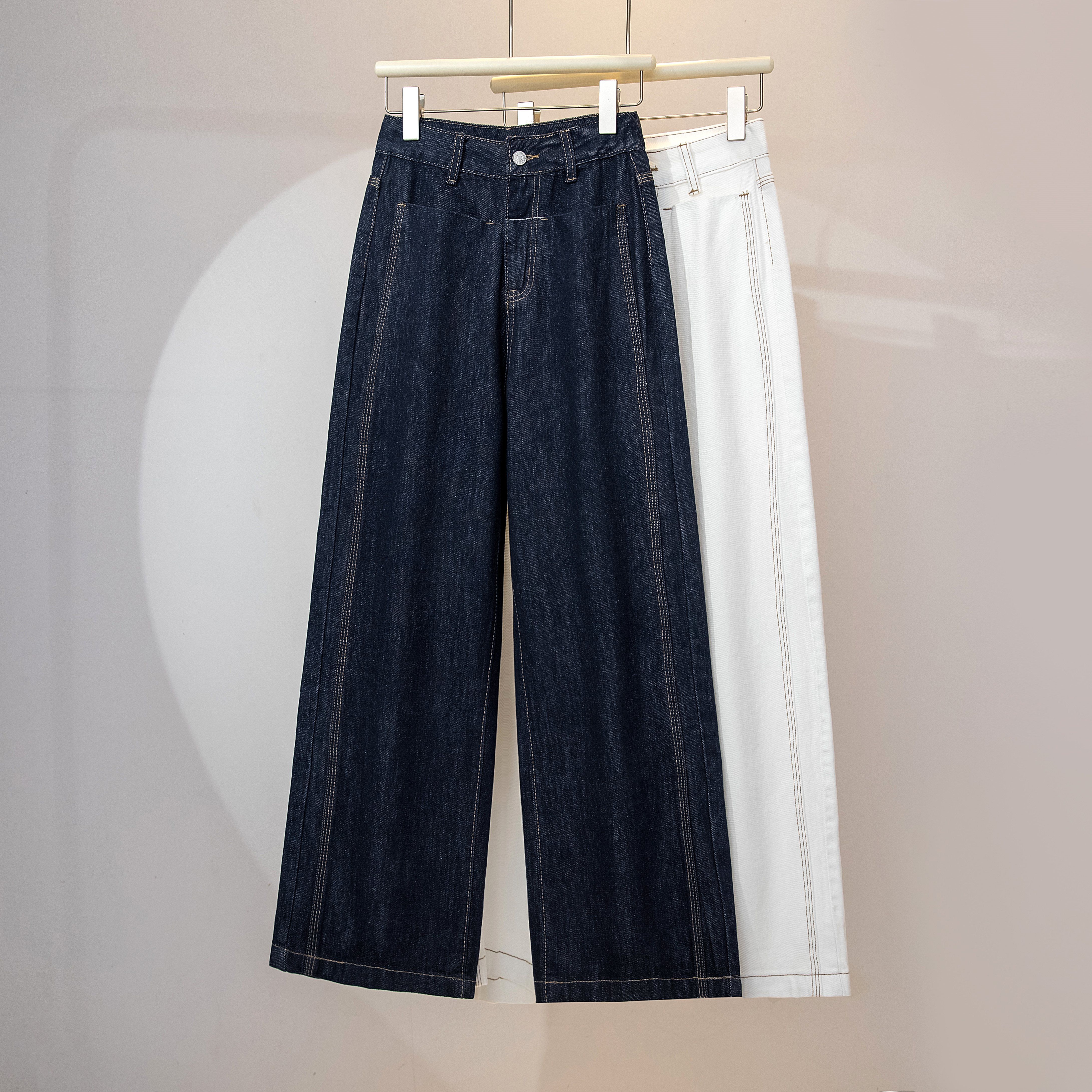 Denning dark blue wide-leg jeans for women 2025 summer new design retro high waist casual slim straight pants