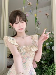French floral waist-hugging dress with small vacation style slim sexy girl short skirt