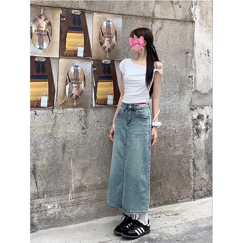 Large size women's high waist slit denim skirt 2025 summer new a-line skirt hip-cover skirt KX