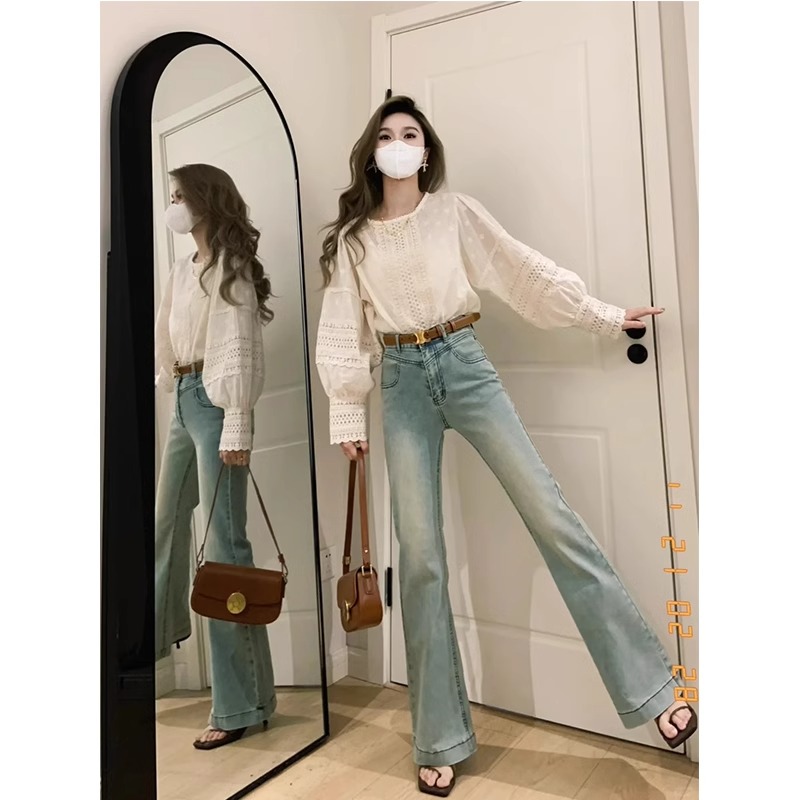 Micro-flare jeans for women light summer thin new bell-bottom pants high waist retro American high street pants KX