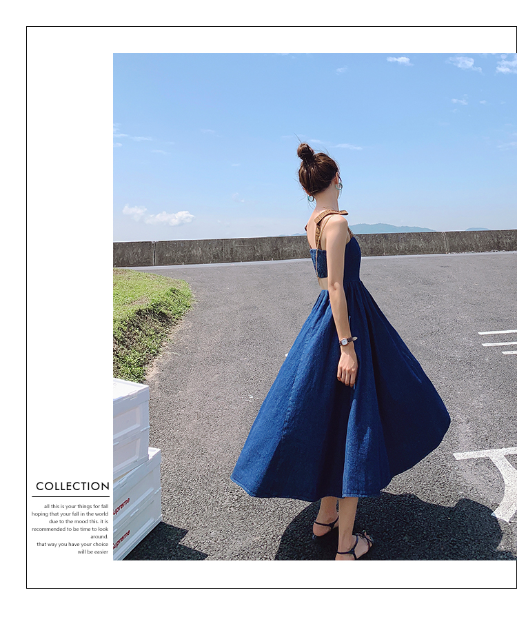 Current denim strap skirt new style outfit design suspender dress looks slim high-waisted long skirt