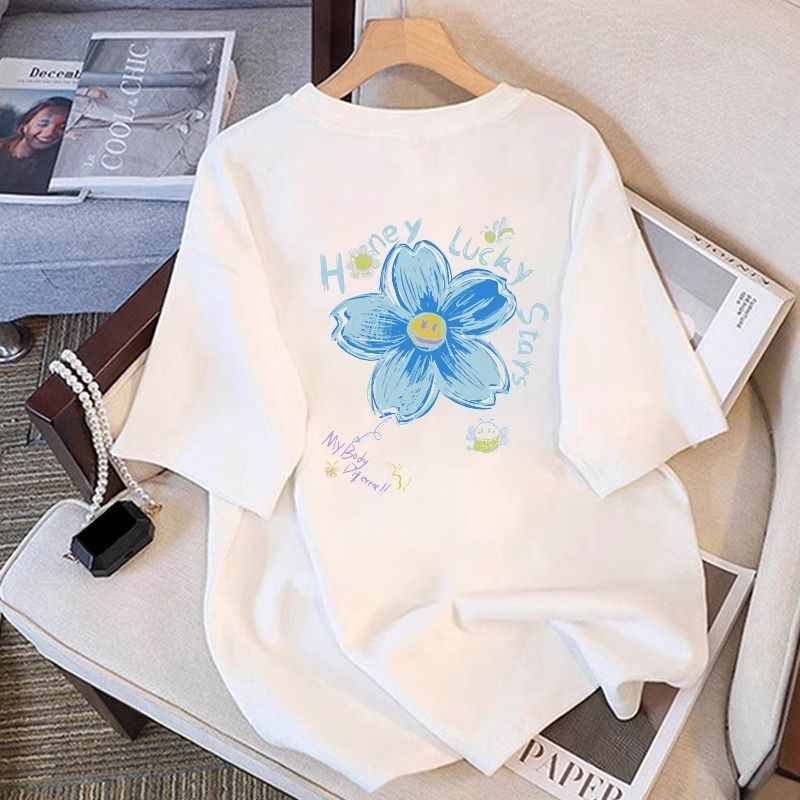 2025 summer shoulder-loose style 200g pure cotton rear edge short-sleeved T-shirt printed