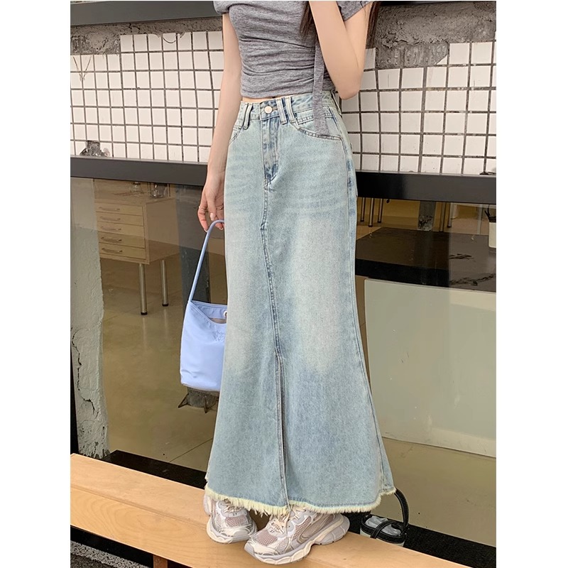 Slit fur-edged denim skirt for women 2025 summer new high-waisted retro a-line fishtail skirt KX