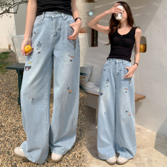 Blue embroidered jeans women's spring new style small straight pants fat mm large size loose scimitar wide-leg pants