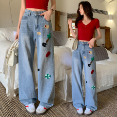 Heavy Industry Embroidered Jeans Women's 2025 Spring and Summer New Towel Embroidered Light Color Casual Wide Leg Pants Straight-Lead Pants