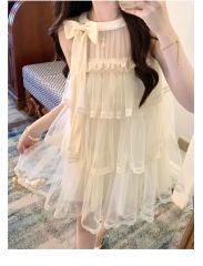 Baili Xingmeng Sayu French bow sleeveless halter dress for women pure desire mesh puff A-line skirt