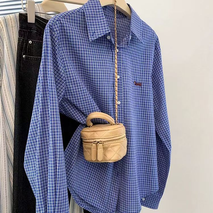 Puppy embroidery design sense 2025 spring and autumn blue plaid shirt for women commuting fashionable versatile jacket