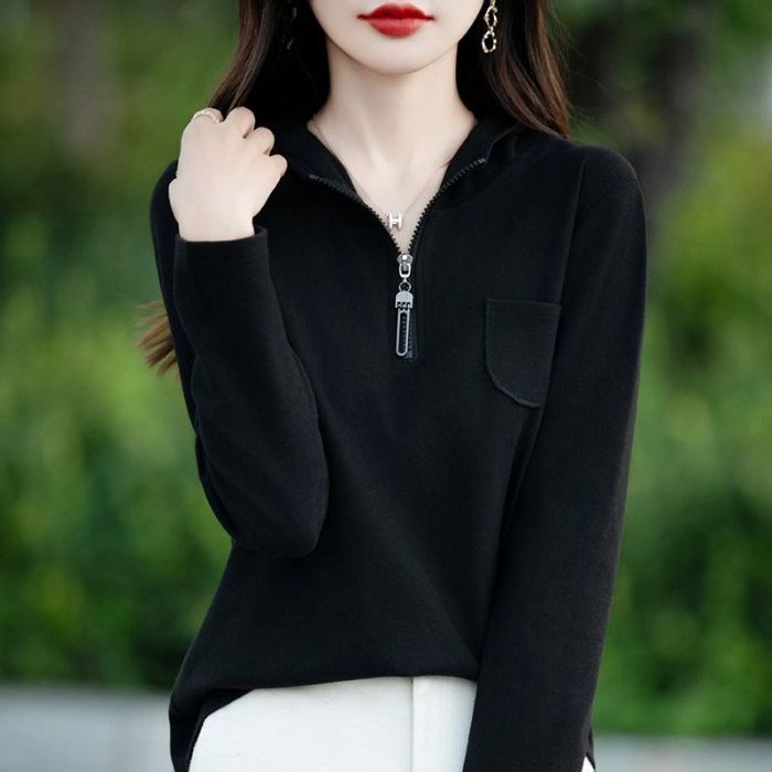 Hooded fashionable and versatile large size half-plate zipper hooded long-sleeved T-shirt top