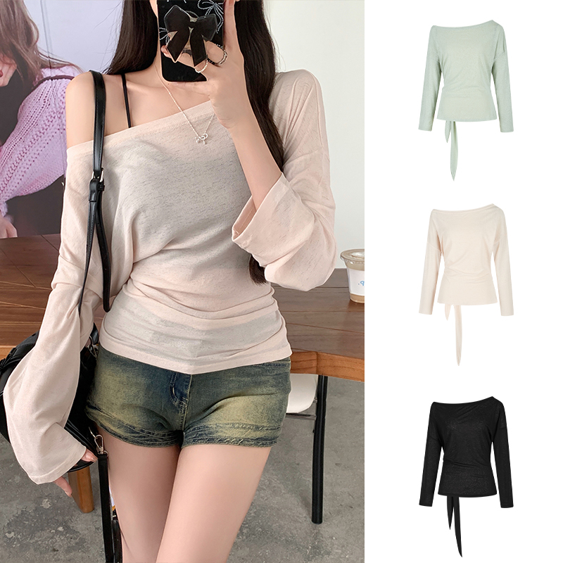 Real shot - Pure looking perspective waist-hugging long-sleeved blouse loose and slim hot girl top