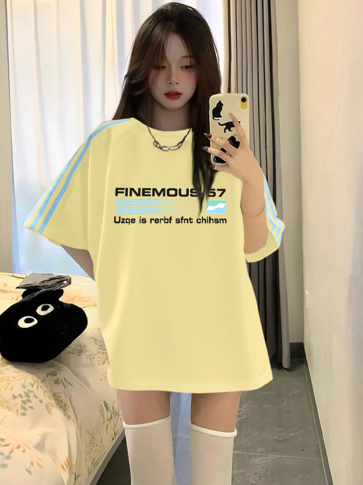 High-quality pure cotton 220g 19 pieces of wool + feel printed loose large version of shoulder-fall three-bar short-sleeved T-shirt for women