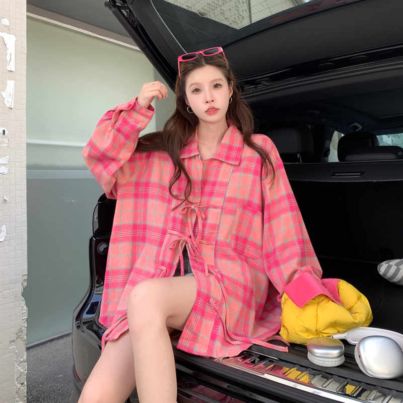 American retro pink plaid shirt for women 2025 autumn new sunscreen shirt for outer wear design niche top