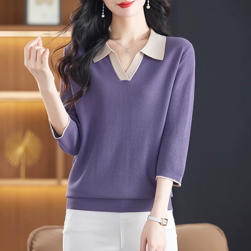 Fat mm spring and autumn large-size 7-quarter sleeve lapel sweater for women loose mid-sleeved mulberry silk T-shirt belly-covering base top