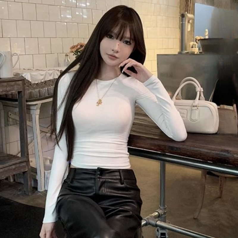 Korea Dongdaemun Women's New Hot Girls Small Short Round Neck T-Shirt Women's Front Shoulder Base Shirt