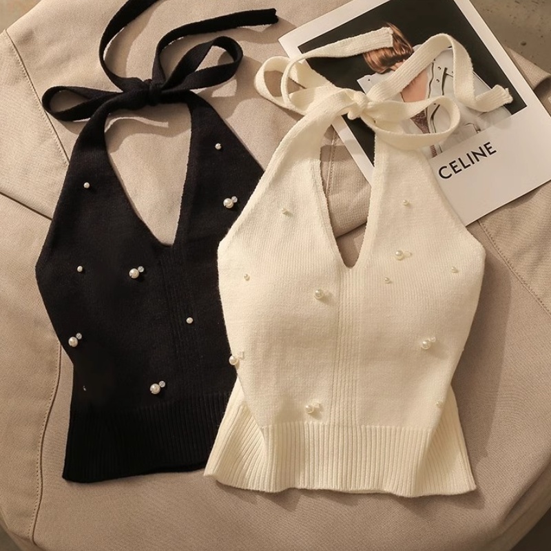 American sweet and cool high-end halter vest for women in summer, outside and inside, hot girl knitted strap top