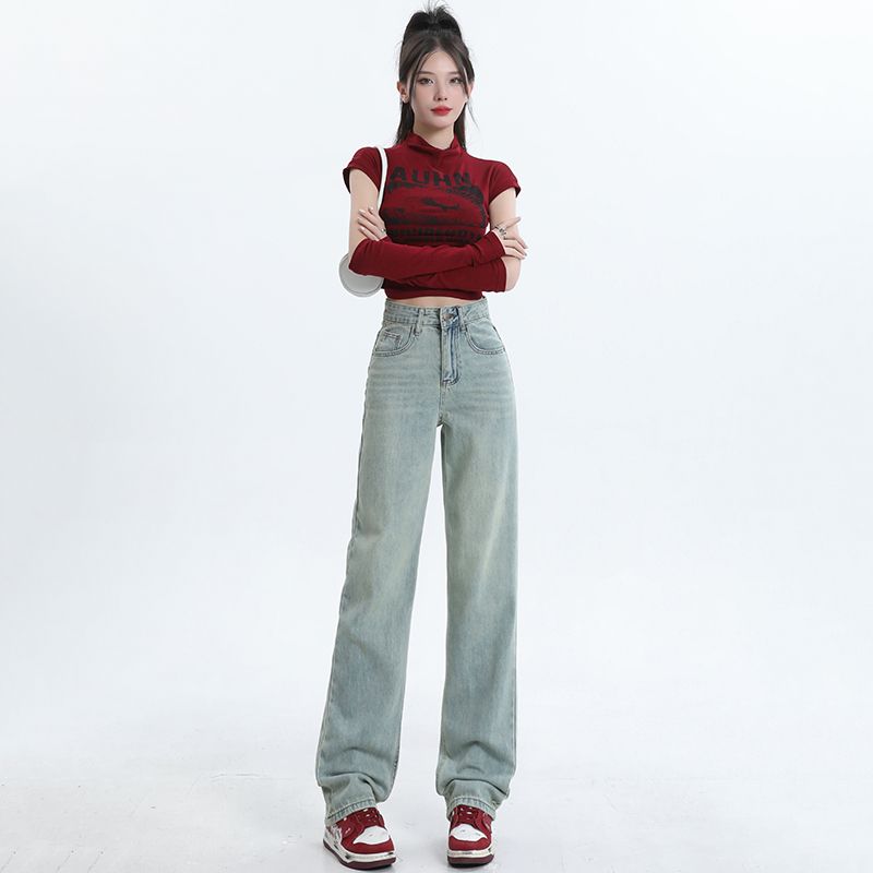 Real-life new spring and summer glacier blue Majila contrast embroidery high waist narrow version without bullet straight jeans for women