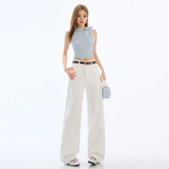 Real photo of small white narrow version wide-leg jeans for women with high waist slim and loose floor pants nine-point regular length