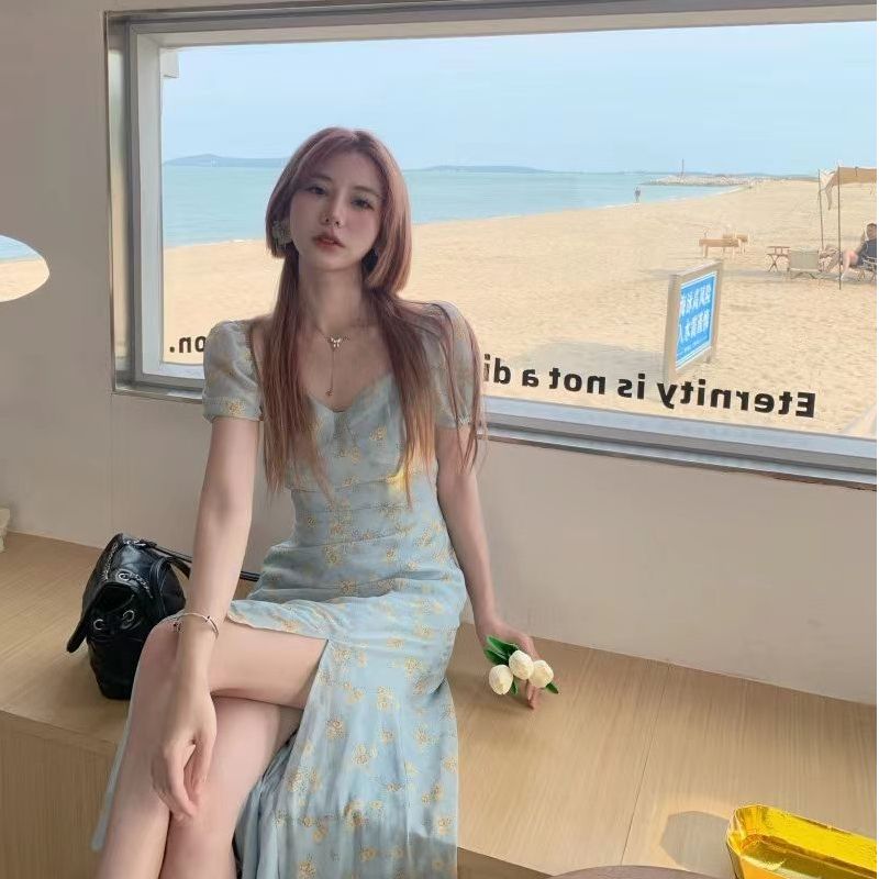 Coffee break French blue puff sleeve floral dress for women in summer new high-end first love sweet slit long skirt