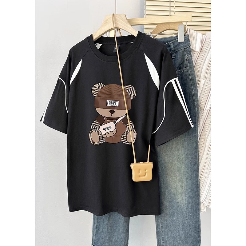High-quality pure cotton 220g 19 pieces of wool + feel printed loose large version splicing three-bar short-sleeved T-shirt for women