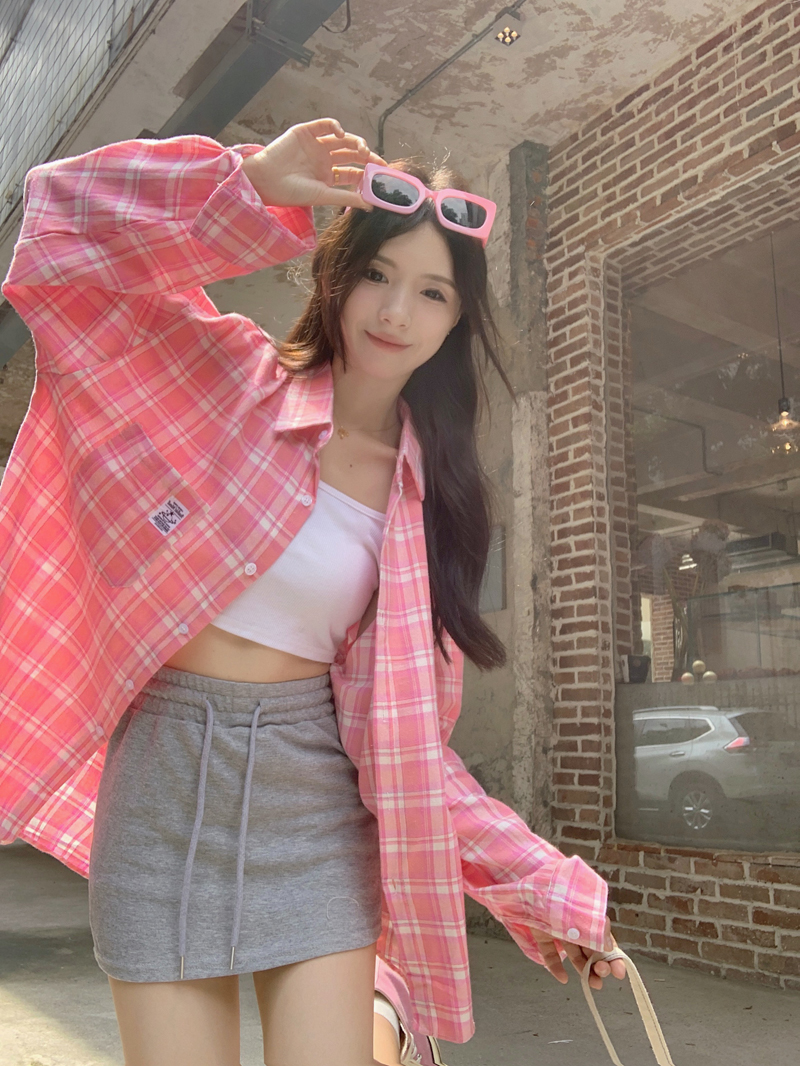 American retro pink plaid long-sleeved shirt for women in autumn 2025 loose and versatile casual couple sunscreen cardigan jacket