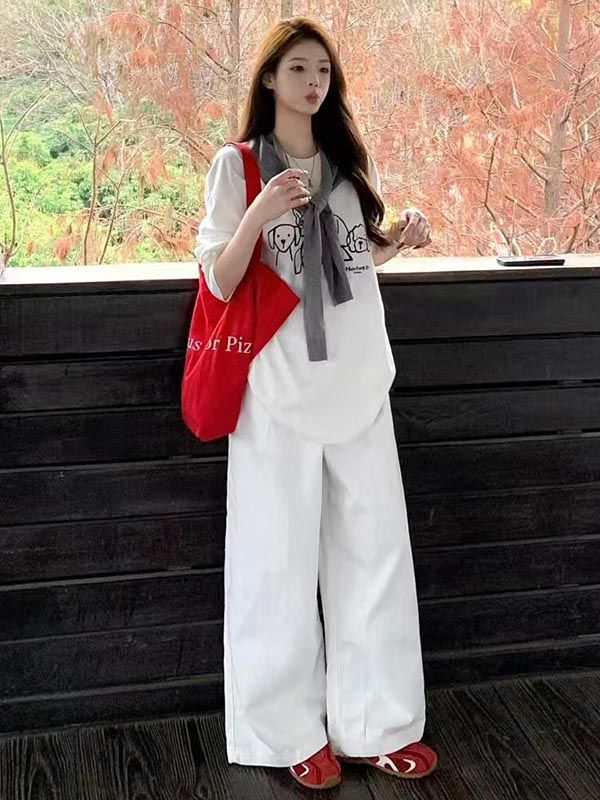 Pure cotton Korean ins Japanese white elastic waist straight wide-leg work pants loose casual pants men and women trendy