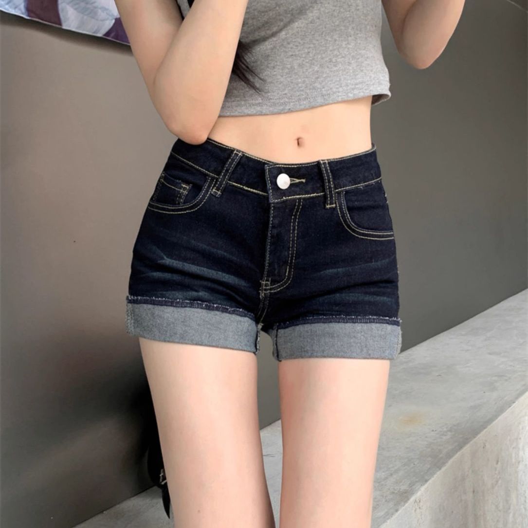 Dark blue flip straight jean shorts for women in summer hot girl sexy high waist slim A-line versatile hot pants ins trendy