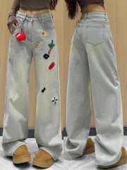 Towel embroidered pattern jeans for women 2025 spring new casual light blue straight-dial pants
