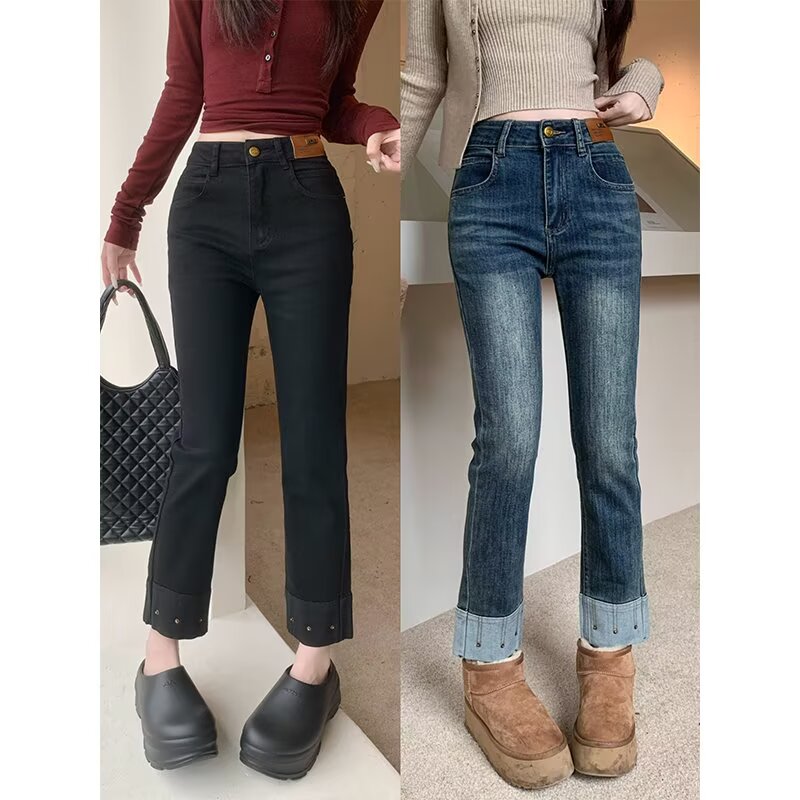 Niche design high waist elastic straight-leg baguette jeans for women in spring and autumn slim small nine-point cigarette pants