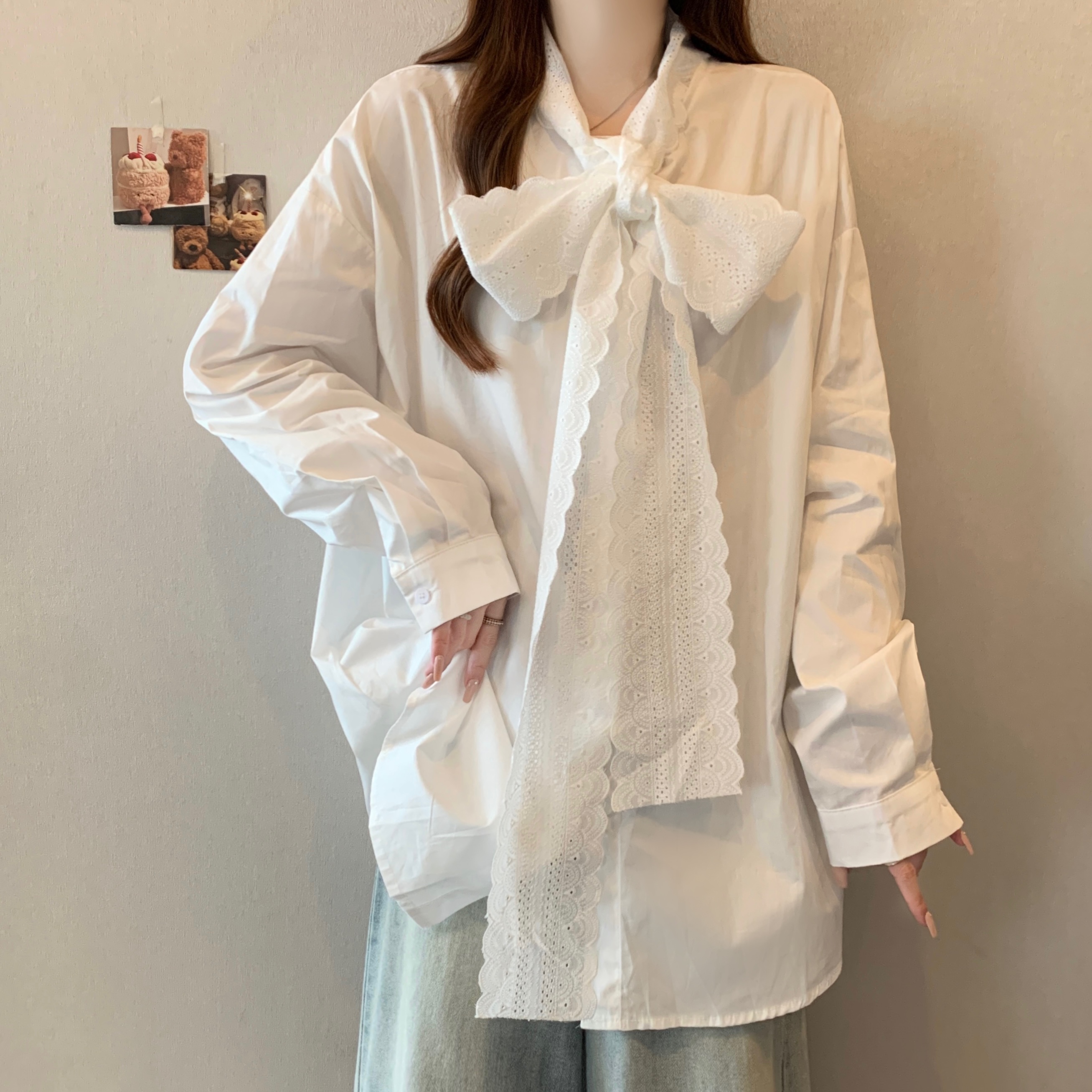 Real shot Large size fat MM Zhang Ruonan same style with streamer bow French retro shirt top