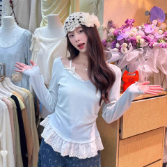 Korean new casual sweet lace long-sleeved T-shirt for women in 2025 spring meat covering and slimming fake two-piece top