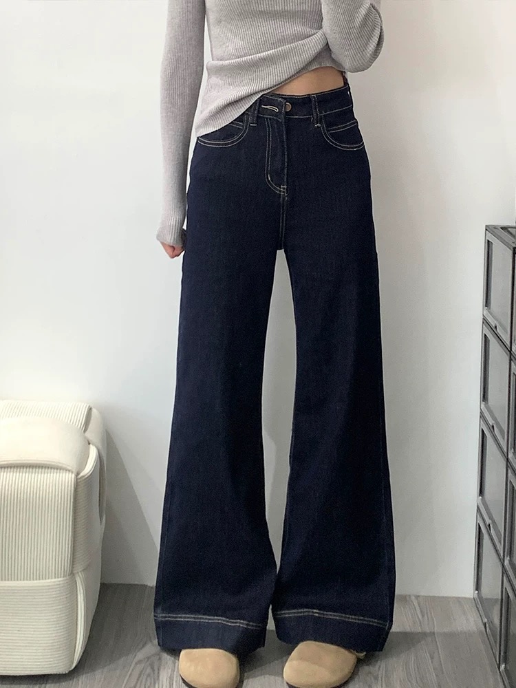 Dark blue A-version wide-leg jeans for women's spring new loose slim pear-shaped straight-leg pants