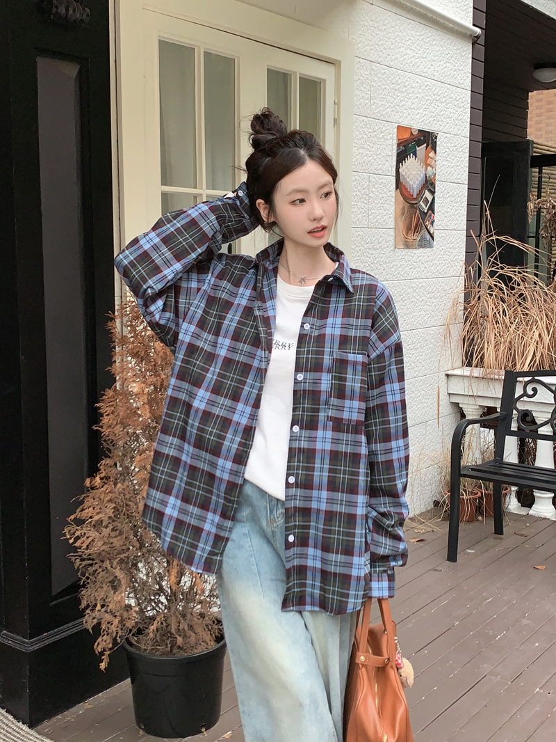 Korean retro white long-sleeved loose plaid shirt for women 2025 autumn new lazy style shirt for inner and outer wear