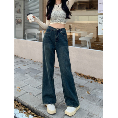 Real photo of blue retro straight wide-leg jeans for women in autumn and winter new fat MM plus velvet high waist slimming floor pants