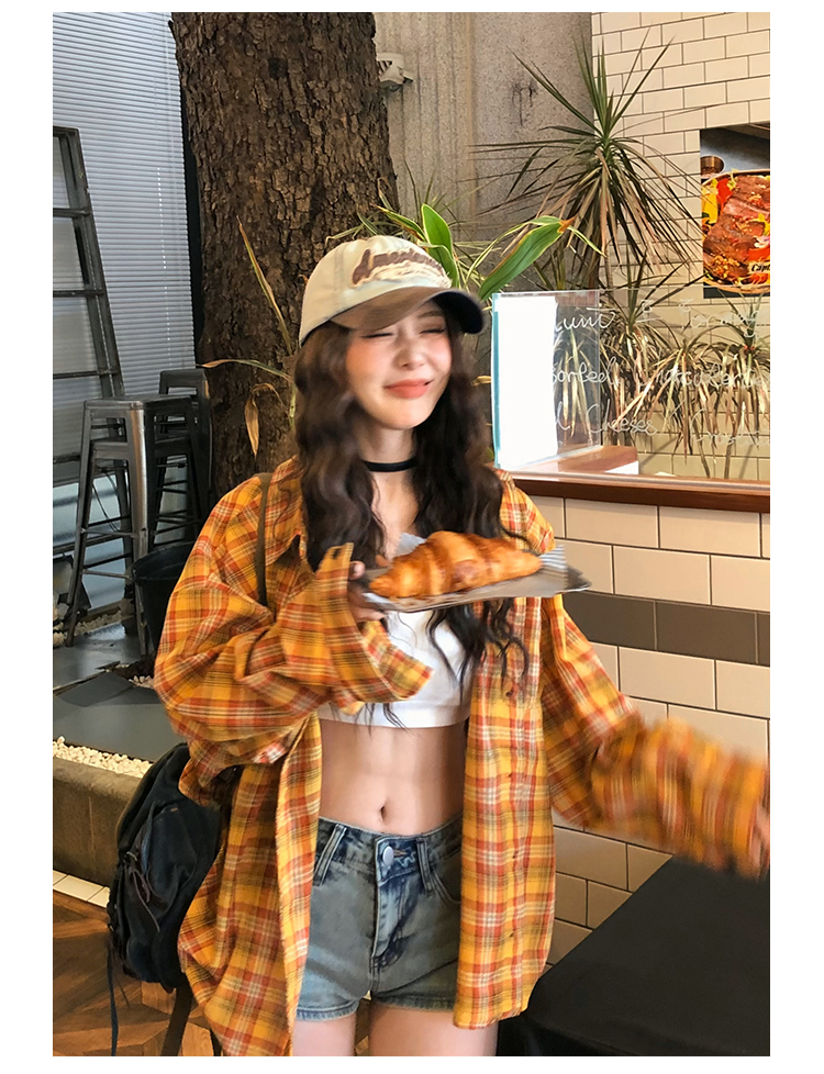 GeGe Sleepy retro loose ginger plaid mid-length long-sleeved shirt for men and women versatile sunscreen shirt