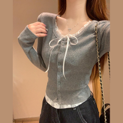 Original Korean pure fake two-piece long-sleeved T-shirt base shirt for women spliced ​​lace short top