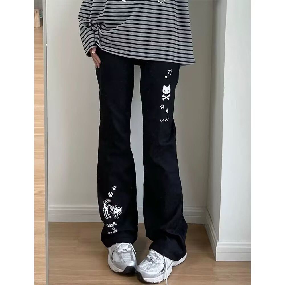 Japanese subculture skull cat print black jeans casual pants junior high school girls spring and autumn sweet trousers versatile