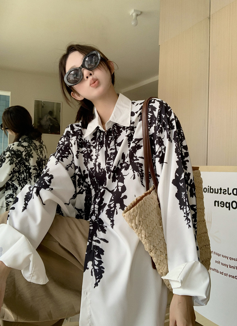 Retro temperament casual printed long-sleeved thin shirt for women 2025 autumn new niche design chic top